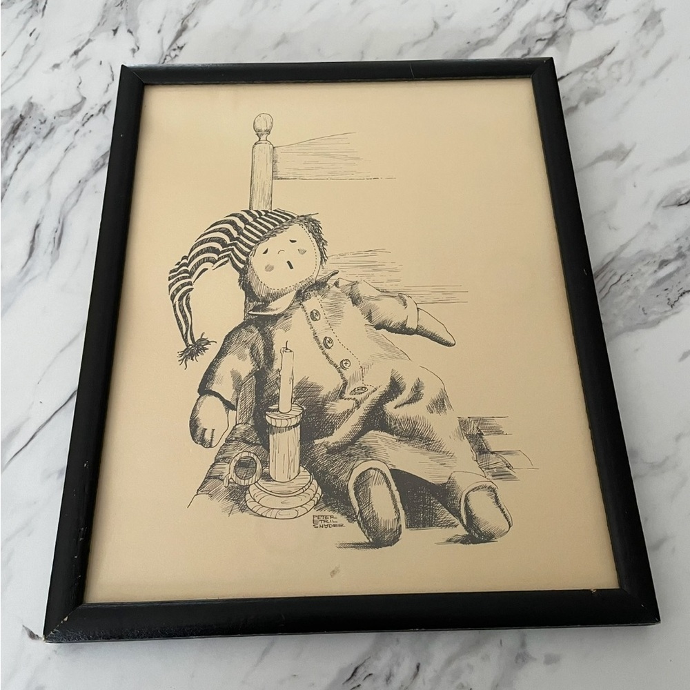 Vintage Black Framed Art Print with Doll Sketch